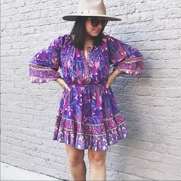 Purple Boho Floral Gypsy Print Dress Long Sleeve - Picture 2 of 16
